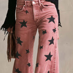 Vintage Western Washed Pink Star Print High Waisted Wide Leg Flare Jeans