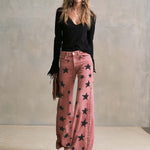 Vintage Western Washed Pink Star Print High Waisted Wide Leg Flare Jeans