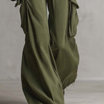 Utility Washed Olive Green Low Rise Baggy Wide Leg Women Cargo Jeans