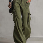 Utility Washed Olive Green Low Rise Baggy Wide Leg Women Cargo Jeans