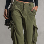 Utility Washed Olive Green Low Rise Baggy Wide Leg Women Cargo Jeans