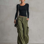 Utility Washed Olive Green Low Rise Baggy Wide Leg Women Cargo Jeans