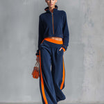 Retro Sporty Navy Color-block Polar Fleece Cropped Zip-up Jacket And Wide-leg Pants Set