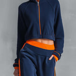 Retro Sporty Navy Color-block Polar Fleece Cropped Zip-up Jacket And Wide-leg Pants Set