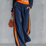Retro Sporty Navy Color-block Polar Fleece Cropped Zip-up Jacket And Wide-leg Pants Set