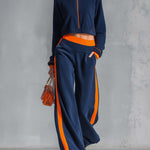 Retro Sporty Navy Color-block Polar Fleece Cropped Zip-up Jacket And Wide-leg Pants Set