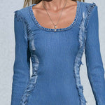Street Chic Distressed Frayed Seam Scoop-Neck Long-Sleeve Bodycon Jean Mini Dress