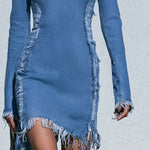 Street Chic Distressed Frayed Seam Scoop-Neck Long-Sleeve Bodycon Jean Mini Dress