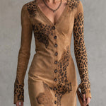 Vintage Western Faux Suede Leopard Print Button Down Long Sleeve Midi Dress