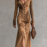 Vintage Western Faux Suede Leopard Print Button Down Long Sleeve Midi Dress