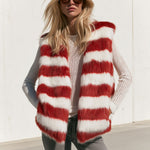 Women's Fashionable Off-white And Red Striped Faux Fur Vest