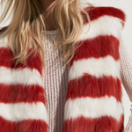 Women's Fashionable Off-white And Red Striped Faux Fur Vest