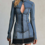 Retro Chic Patchwork Denim Keyhole Zip-Front Frayed Hem Long Sleeve Mini Dress