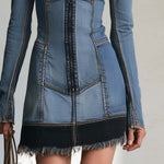 Retro Chic Patchwork Denim Keyhole Zip-Front Frayed Hem Long Sleeve Mini Dress