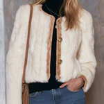 Vintage Camel Faux Suede Shearling Trim Fitted Coat For Women