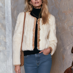 Vintage Camel Faux Suede Shearling Trim Fitted Coat For Women