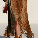 Women's Western-style Loose-fitting Color-blocked Faux Suede Leopard Print Tassel Midi Dress