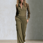 Retro Sporty Leopard Print Patchwork Velvet Zip-Up Track Set