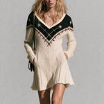 Vintage Cream Mohair Knit Mini Dress With Argyle Yoke And V-Neck