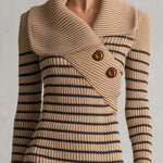 Retro Striped Shawl Collar Asymmetric Button Ribbed Long Sleeve Sweater Mini Dress
