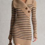 Retro Striped Shawl Collar Asymmetric Button Ribbed Long Sleeve Sweater Mini Dress