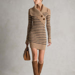 Retro Striped Shawl Collar Asymmetric Button Ribbed Long Sleeve Sweater Mini Dress