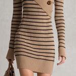 Retro Striped Shawl Collar Asymmetric Button Ribbed Long Sleeve Sweater Mini Dress