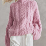 Cozy Oversized Pink Chunky Cable-Knit Turtleneck Sweater