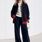 Women's Loose-fitting Color-blocked Navy Blue Double-sided Fleece Jacket And Pants Set