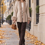 Gentle Retro Faux Fur Trim Light Khaki Knit Cardigan