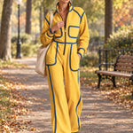 Casual Retro Denim-trimmed Yellow Stand-up Collar Zip-up Cotton Jumpsuit