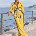 Casual Retro Denim-trimmed Yellow Stand-up Collar Zip-up Cotton Jumpsuit