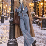 Women's Retro Frayed Edge Red Topstitching Light Blue Denim Jumpsuit