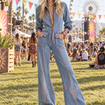 Women's Retro Frayed Edge Red Topstitching Light Blue Denim Jumpsuit