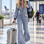 Women's Retro Frayed Edge Red Topstitching Light Blue Denim Jumpsuit