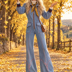 Women's Retro Frayed Edge Red Topstitching Light Blue Denim Jumpsuit