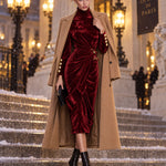 Vintage-elegant Burgundy High-neck Pleated Velvet Midi Dress