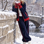 Women's Loose-fitting Color-blocked Navy Blue Double-sided Fleece Jacket And Pants Set
