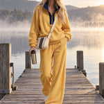 Women's Loose-fitting Color-blocked Double-sided Fleece Half-zip Sweatshirt And Pants Set