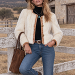 Vintage Camel Faux Suede Shearling Trim Fitted Coat For Women