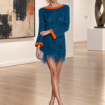 Retro-chic Color-blocked Trim Blue Tassel Bell Sleeve Knit Mini Dress