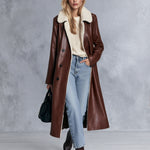 Vintage-style Fleece-collared Brown-red PU Coat