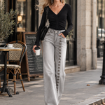 Stylish Metal Eyelets Light Gray Wide-Leg Jeans