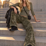 Women's Retro Military Green Wool Blend Sweater Camouflage Velvet Cargo Pants Set