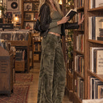 Women's Retro Military Green Wool Blend Sweater Camouflage Velvet Cargo Pants Set