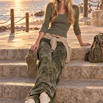 Women's Retro Military Green Wool Blend Sweater Camouflage Velvet Cargo Pants Set