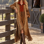 Women's Western-style Loose-fitting Color-blocked Faux Suede Leopard Print Tassel Midi Dress