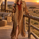 Women's Western-style Loose-fitting Color-blocked Faux Suede Leopard Print Tassel Midi Dress