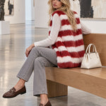 Women's Fashionable Off-white And Red Striped Faux Fur Vest