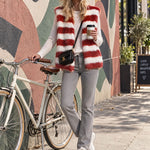 Women's Fashionable Off-white And Red Striped Faux Fur Vest